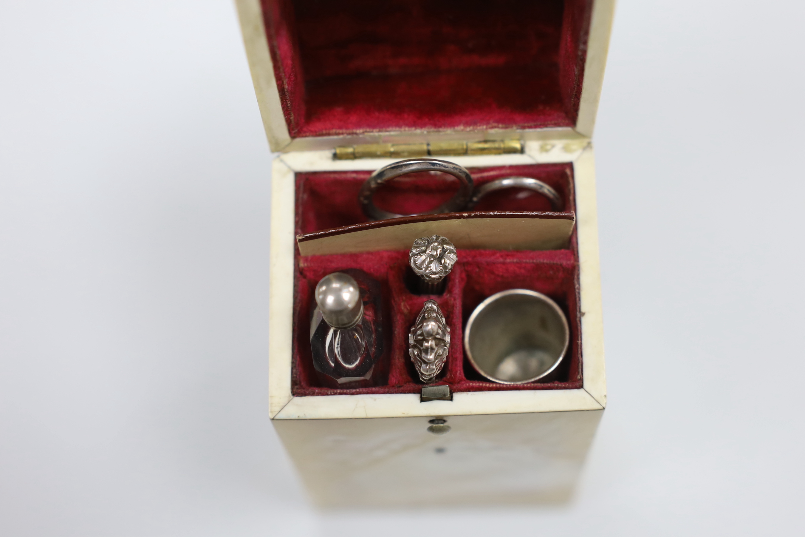 A Victorian mother of pearl etui case and a tortoiseshell pique scent bottle case , Ivory submission reference: DLKC9J9G